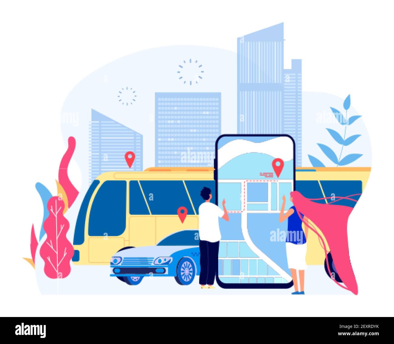 Trasporti pubblici della città. Taxi per persone e autobus urbani con vista sulla città e app mobile per mappe. Illustrazione vettoriale del turismo e dei trasporti. Città pubblica, autobus urbani e taxi Illustrazione Vettoriale