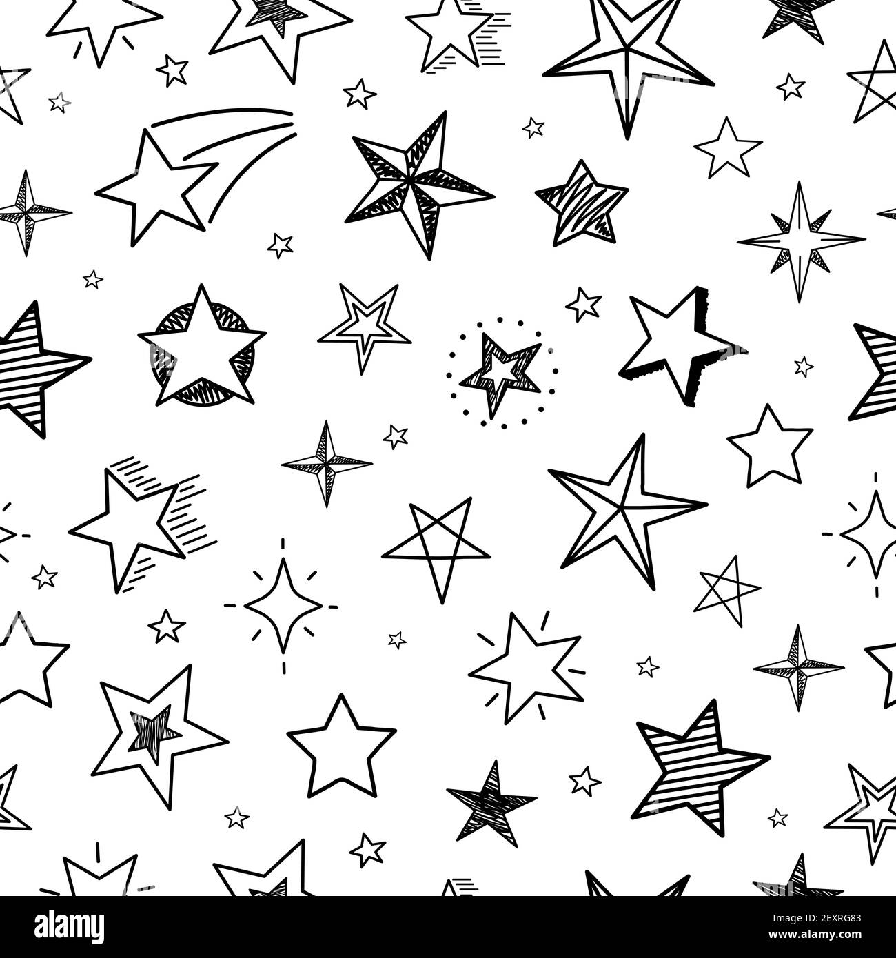 Ripetizione senza giunture delle stelle di schizzo. Cielo stellato di grunge disegnato a mano. Doodle textile stampa vettore geometric texture. Texture disegno di stelle scribble schizzo illustrazione del pattern Illustrazione Vettoriale