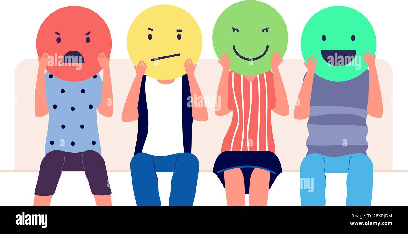 Feedback dei clienti. Persone che tengono emoticon diverse. Revisione dei clienti, concetto di vettore di marketing commenti sui social media. Illustrazione feedback cliente e revisione, valutazione sociale positiva Illustrazione Vettoriale
