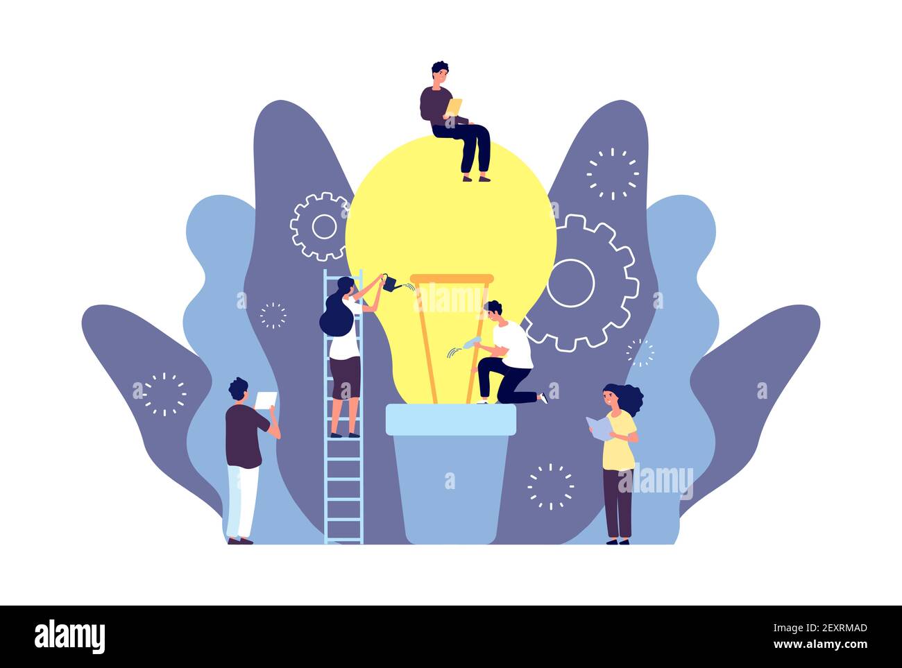 L'idea cresce il concetto. Il team sviluppa l'illustrazione vettoriale dell'idea aziendale. Uomini creativi donne personaggi, lampada bulbo in vaso. Avvio del lavoro di squadra di collaborazione. Idea di avvio dell'innovazione, team aziendale e lavoro di squadra Illustrazione Vettoriale