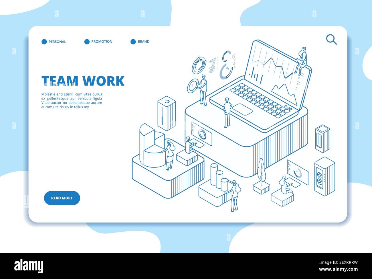 Pagina di destinazione del lavoro di squadra. Persone che lavorano con i diagrammi. Analisi dei dati e cooperazione professionale. Concetto di business vettoriale isometrico. Illustrazione lavoro di squadra aziendale, pagina web in 3d isometrico Illustrazione Vettoriale