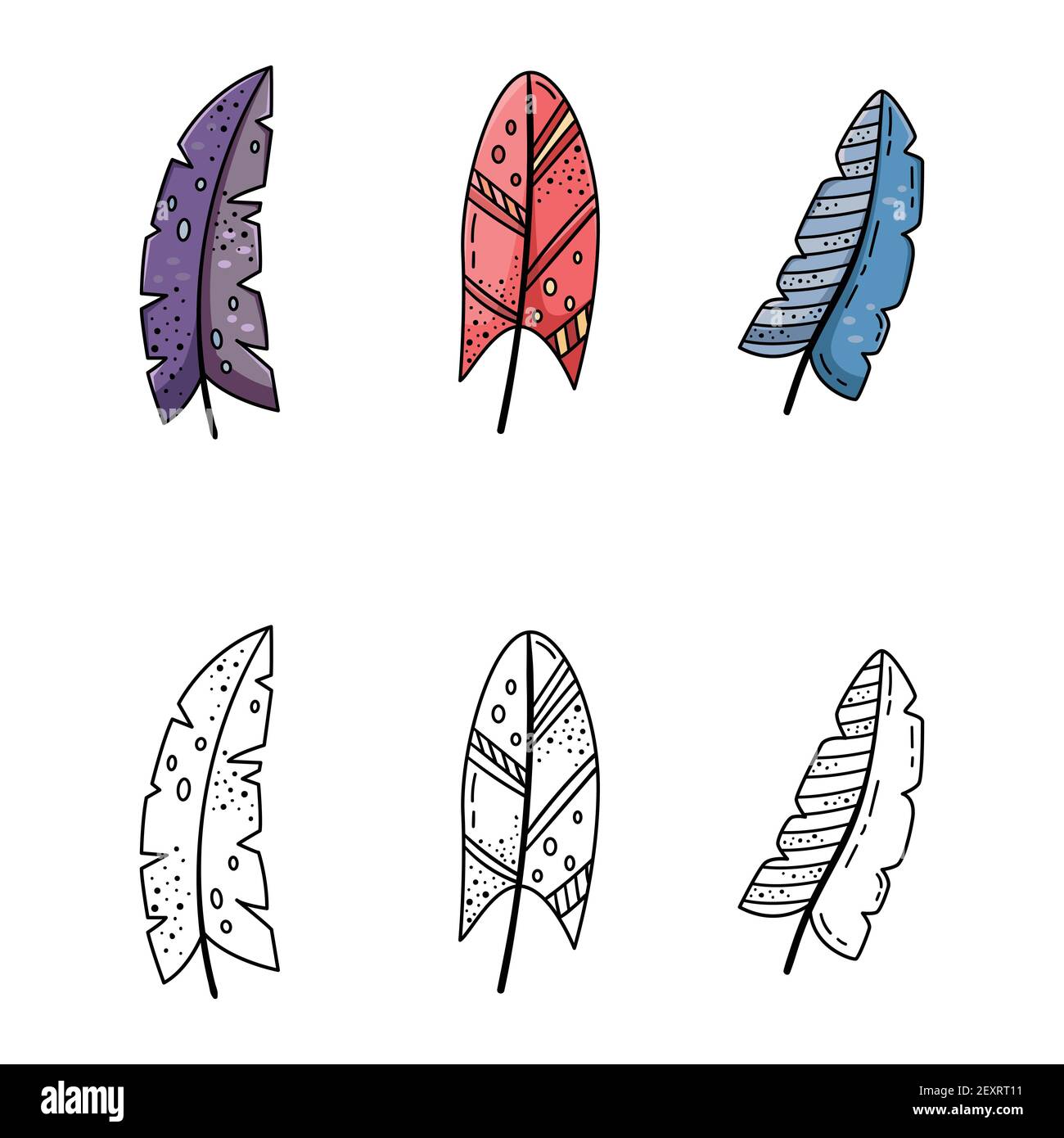 Una serie di illustrazioni doodle di piume fumettiche brillanti. Un insieme di elementi per il progetto. Illustrazione Vettoriale