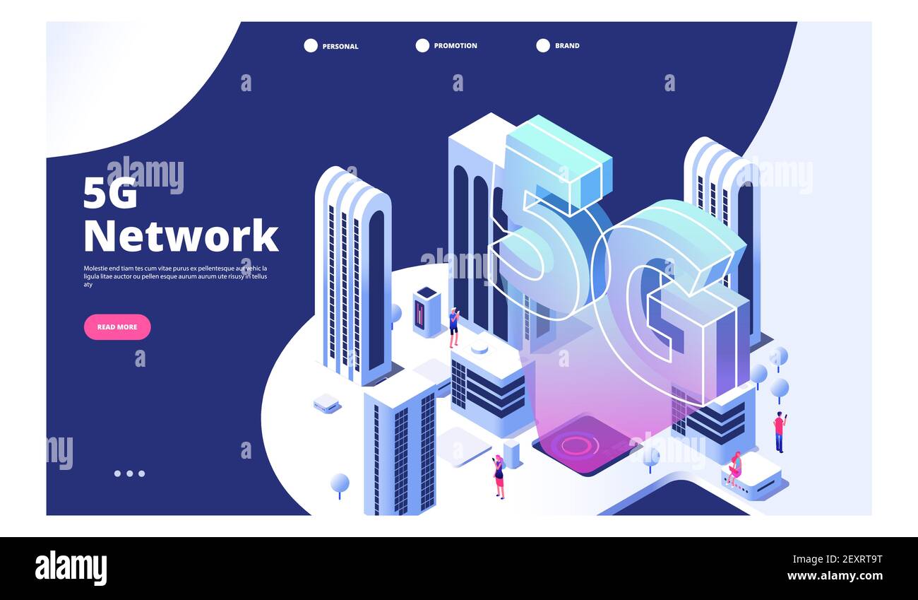 concetto di rete 5g. Città con pagina di destinazione Internet wireless 5G. Immagine del segnale di connessione Web di quinta generazione Illustrazione Vettoriale