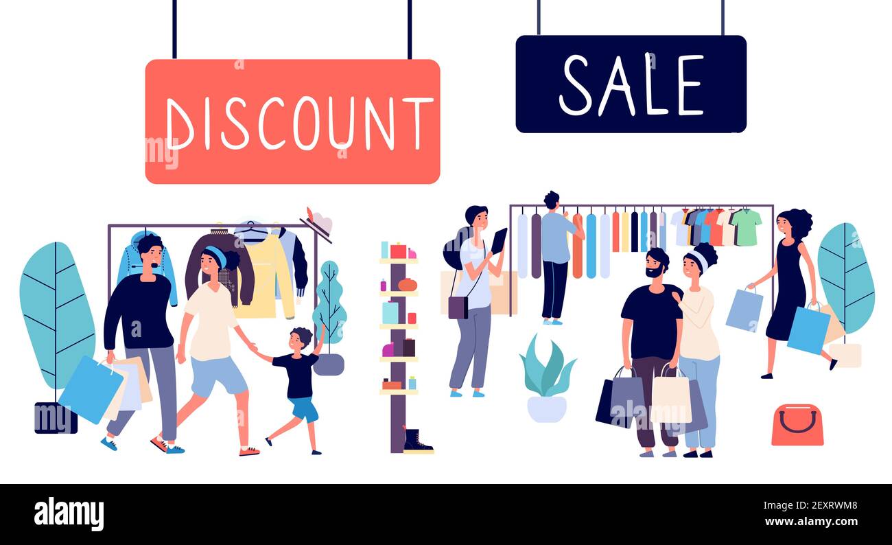 Vendita aperta. Shopping persone, sconto centro commerciale. Uomo piatto, donna, famiglia con borse per la spesa. Concetto di vettore di vendita. Illustrazione dello sconto e della vendita Illustrazione Vettoriale