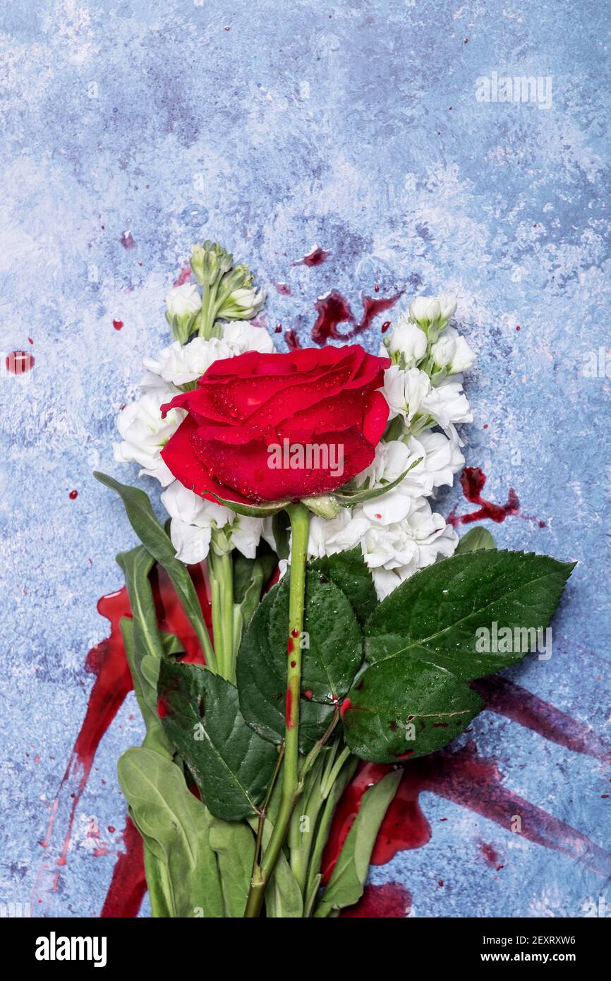 Rose rosse e sangue su sfondo blu con spazio per la copia e spazio per il testo Foto Stock