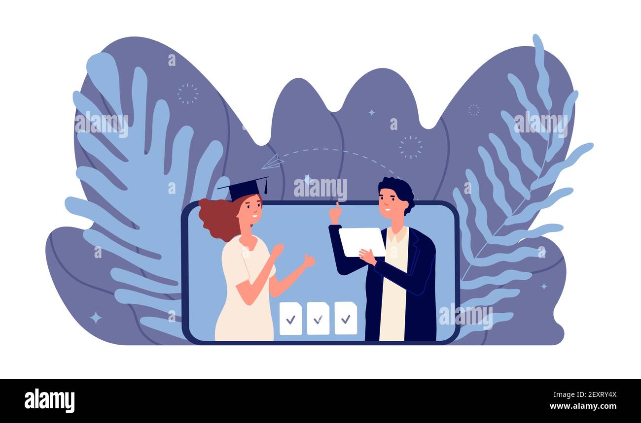 Formazione online. Studentessa mobile studentessa. Webinar di formazione, laureata e insegnante con certificato. Concetto di vettore di insegnamento per adulti. Webinar online sulla formazione delle illustrazioni, studente di studio Illustrazione Vettoriale