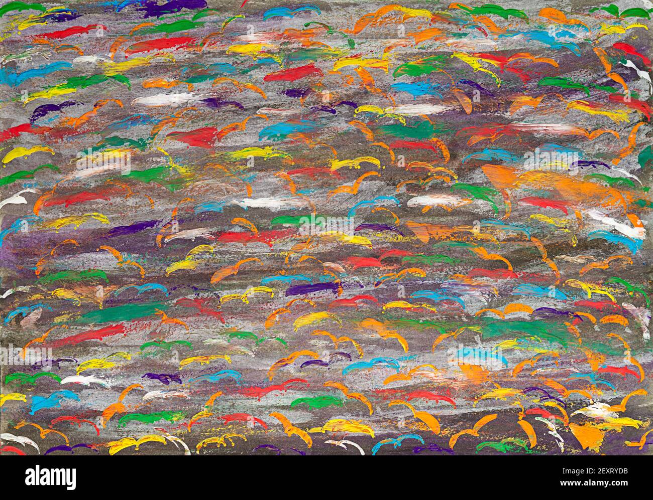 Sfondo con molti uccelli colorati, pittura astratta Foto Stock