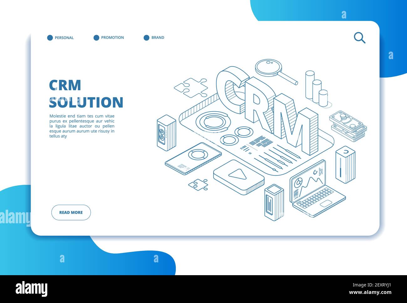 Concetto CRM. Gestione delle relazioni con i clienti online. Soluzione di sistema di marketing. Supporto per i clienti aziendali. Pagina di destinazione isometrica. Gestione CRM, relazione con il cliente, illustrazione dell'analisi Illustrazione Vettoriale