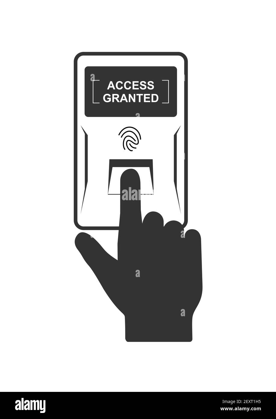 Icona di protezione biometrica delle impronte digitali. Illustrazione della scansione del sistema di controllo dell'accesso. Mano della persona con il dito sullo scanner. Illustrazione Vettoriale