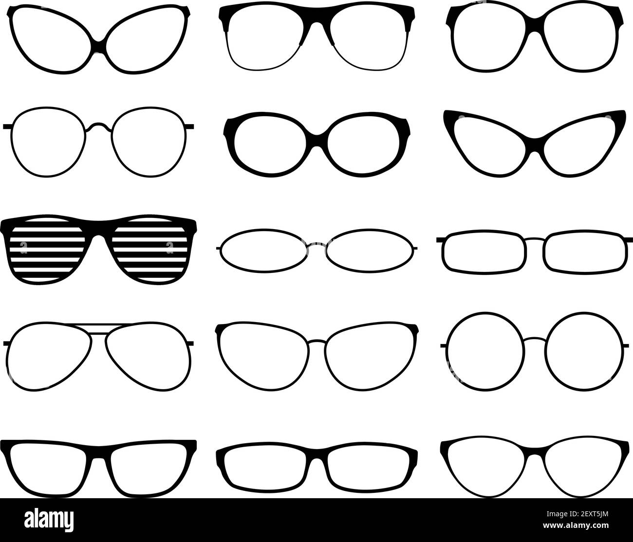 Sagome degli occhiali. Montature per occhiali da sole di moda, occhiali  neri. Occhiali da geek e hipster. Uomo donna occhiali. Icone vettoriali Set  di lenti per la vista, immagine del bordo degli