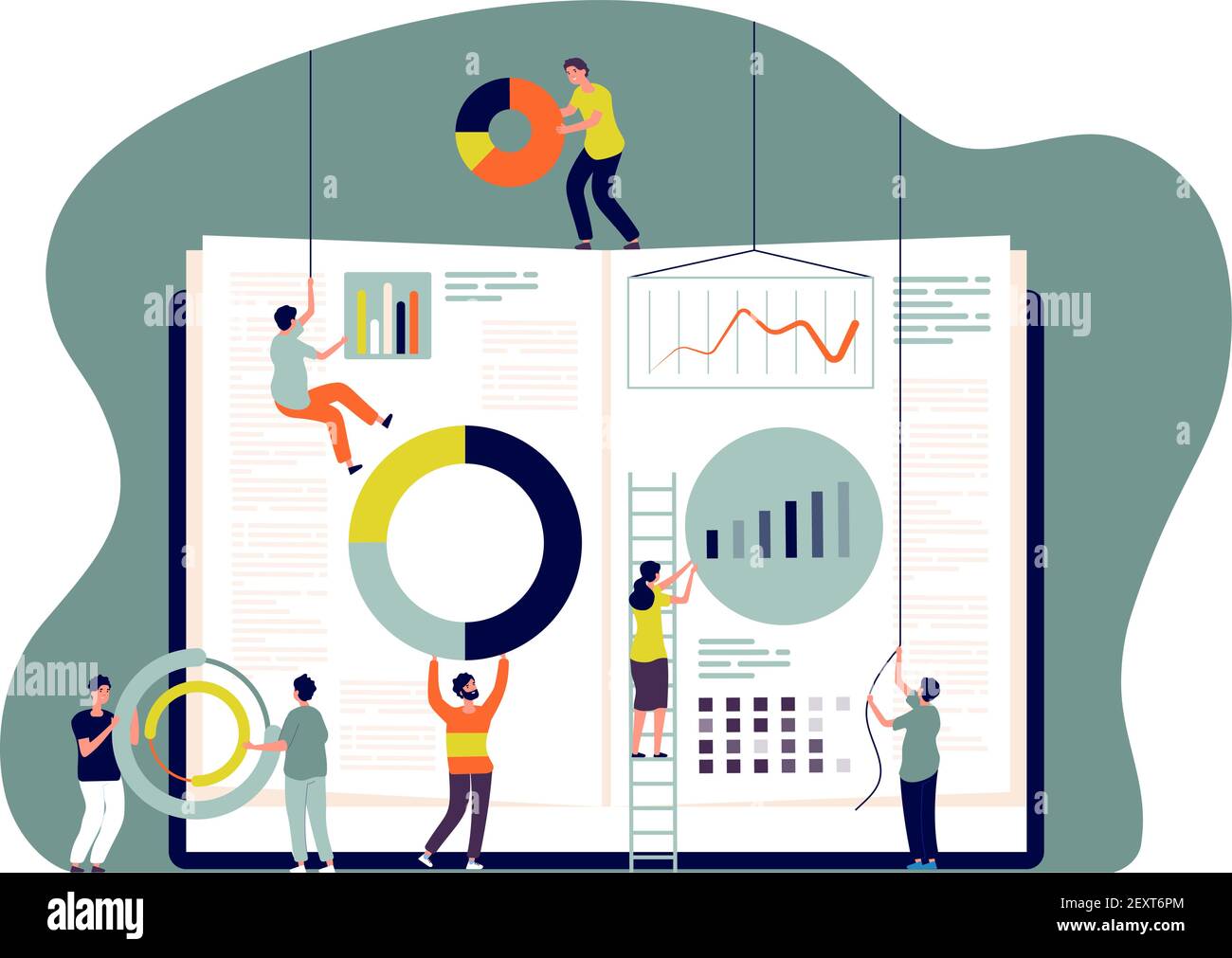 Concetto di collaborazione. Le persone inseriscono i grafici nel libro, i dipendenti costruiscono metriche aziendali. Collaborare e imparare insieme immagine vettoriale. Illustrare il lavoro di squadra del personale aziendale, insieme al team di lavoro Illustrazione Vettoriale