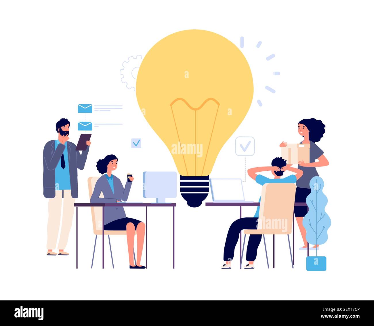 Concetto di lavoro di squadra. Idea creativa, illustrazione vettoriale del processo di lavoro. Personaggi aziendali piatti, brainstorming, implementazione di una nuova idea. Uomini donne lavoro. Brainstorming lavoro di squadra, illustrazione di idea Illustrazione Vettoriale