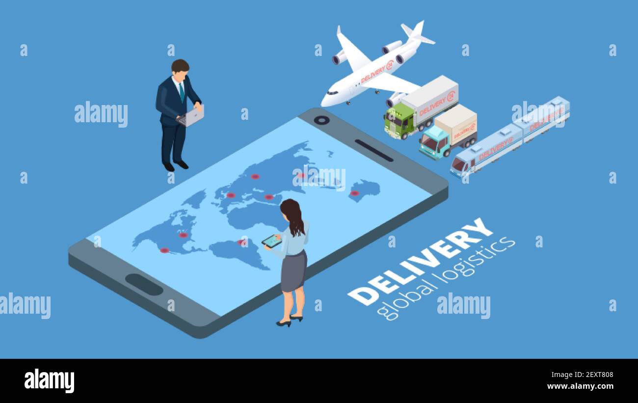 Logistica globale della consegna. Concetto di strategia di consegna. Gli imprenditori isometrici progettano l'illustrazione del vettore in linea di spedizione. Global delivery business, service cargo export logistic Illustrazione Vettoriale