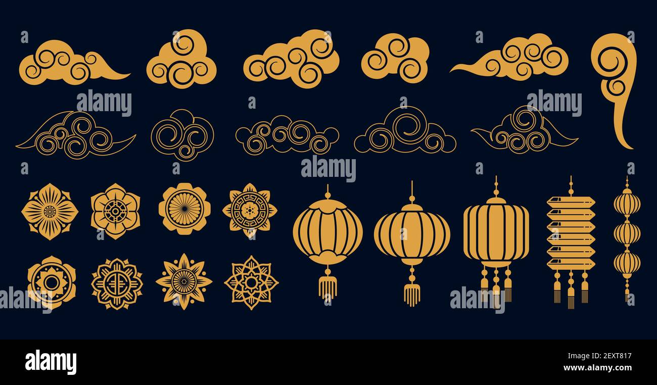 Elementi orientali. Decorazioni tradizionali in oro asiatico, oggetti d'arte coreana cinesi e giapponesi. Nuvole d'oro e piante, fiori e laterns collezione vettoriale. Illustrazione modello tradizionale asiatico Illustrazione Vettoriale
