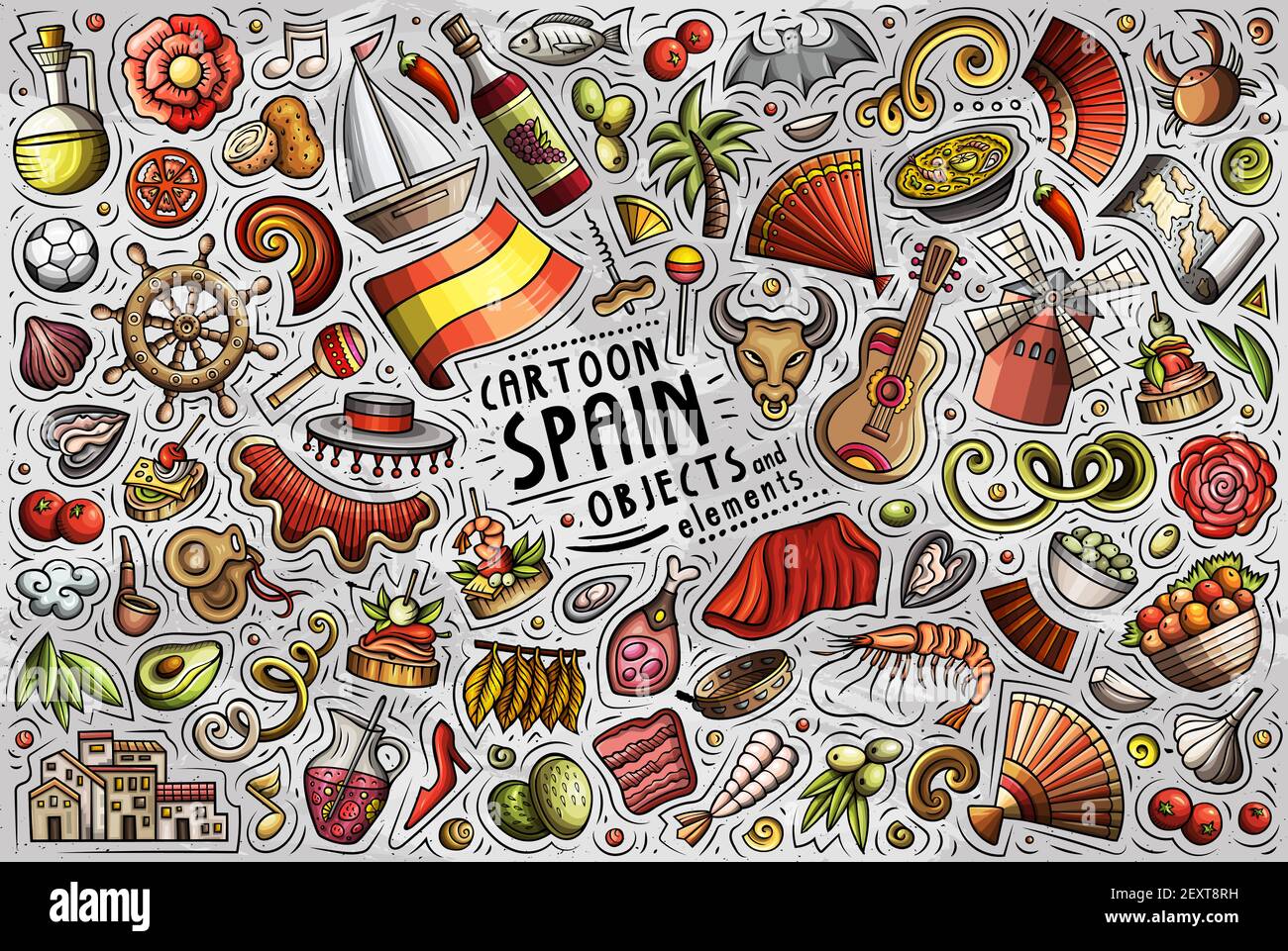 Colorful vettore Doodle disegnati a mano cartoni animati di Spagna tema oggetti, oggetti e simboli Illustrazione Vettoriale