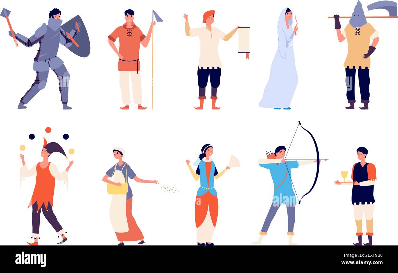Personaggi fiabeschi. Fata e cavaliere, dama di corte e carnefice, arciere e re, guerriero e scherzatore medievale cartoni animati set vettore. Illustrazione della fiaba storica del carattere, della maestà e del cavaliere Illustrazione Vettoriale
