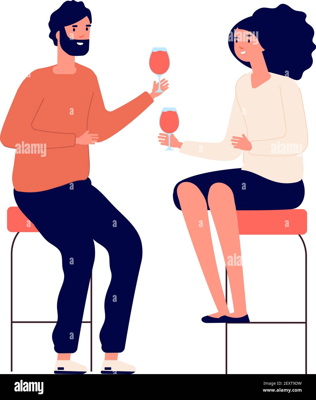 Coppia bevente. Uomo e donna bevono vino e fanno toast in pub. Romantico data vettore cartone animato concetto. Festa dell'amore di coppia con illustrazione del vino Illustrazione Vettoriale