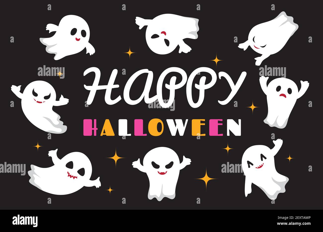 Simpatici fantasmi. Carattere vettoriale fantasma piatto. Felice Halloween sfondo. Illustrazione halloween fantasma spooky, creatura horror di festa Illustrazione Vettoriale