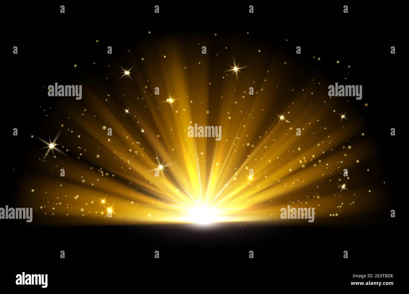 Effetto luce. Vettore brillante luce dorata. Brillantezza d'oro scoppiata con illustrazione scintillante isolata su sfondo nero. Bagliore effetto luce, lucentezza oro brillante Illustrazione Vettoriale