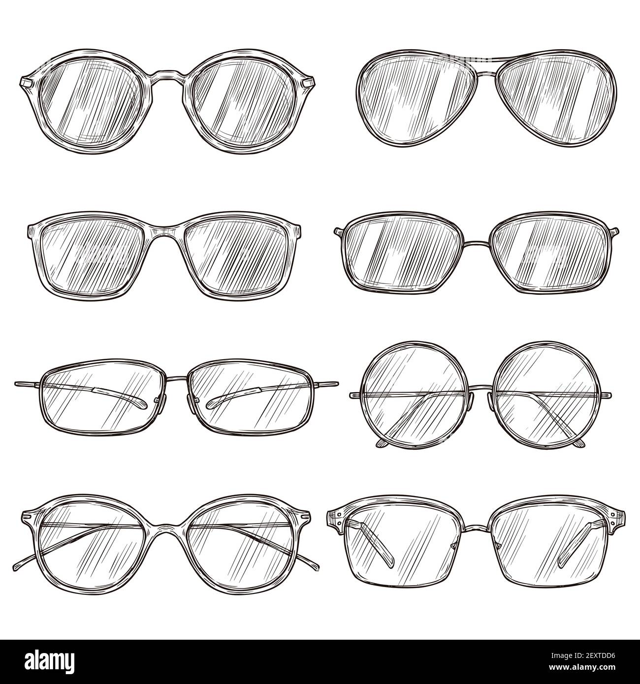Disegna gli occhiali da sole. Montature di occhiali disegnate a mano,  occhielli da doodle. Calici maschili e femminili isolati vettore di moda  vintage set. Disegno di occhiali da sole e occhiali da