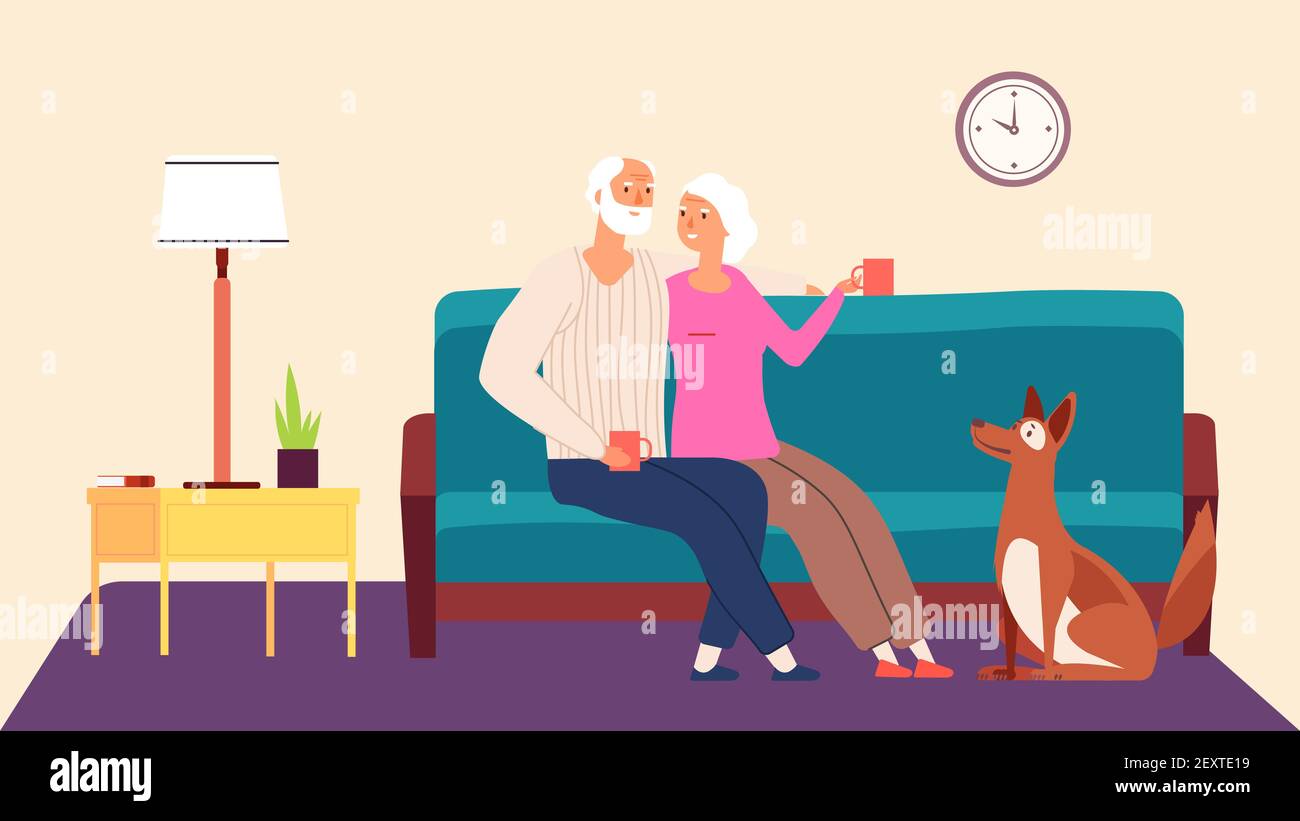 Coppia anziana. Higge famiglia vettore sera concetto. Cane donna vecchio uomo in soggiorno. Illustrazione nonno e nonna con animale domestico Illustrazione Vettoriale