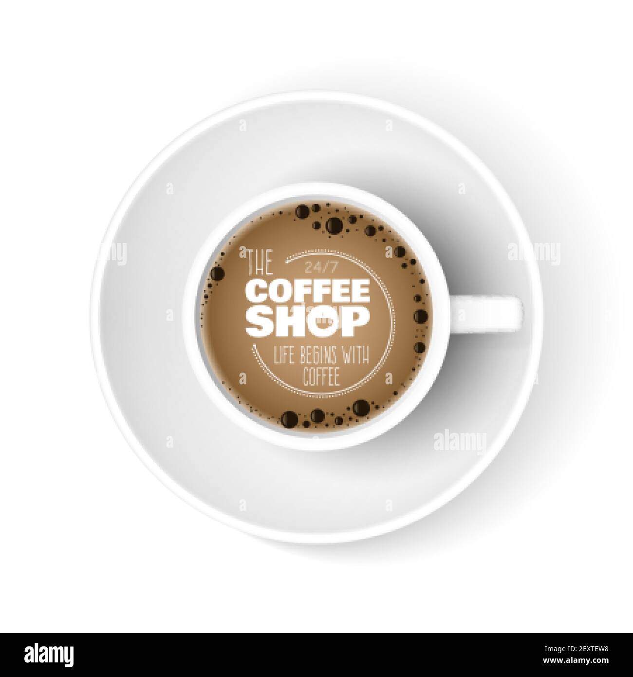 Tazza di caffè realistica. Tazza con vista dall'alto, banner pubblicitario per bar. Illustrazione del vettore espresso americano del mattino. Caffè nella caffetteria, bevanda calda Illustrazione Vettoriale