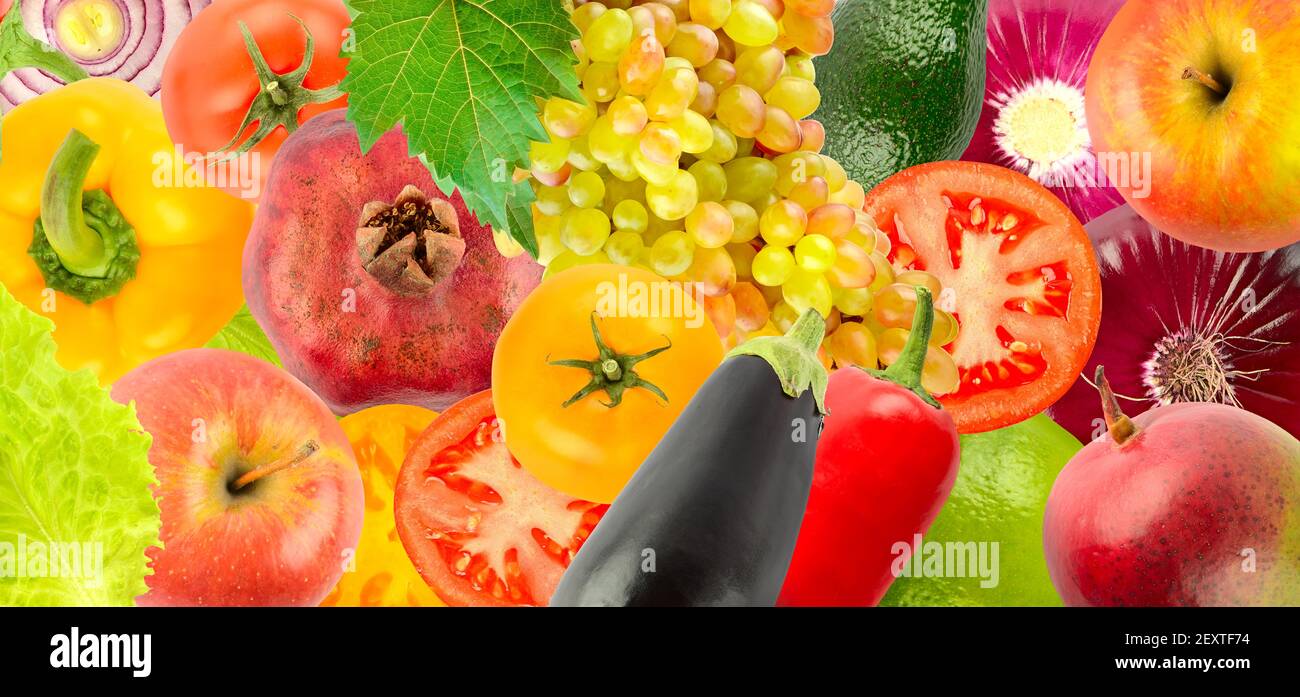 Ampio sfondo frutta e verdura matura e succosa. Foto Stock