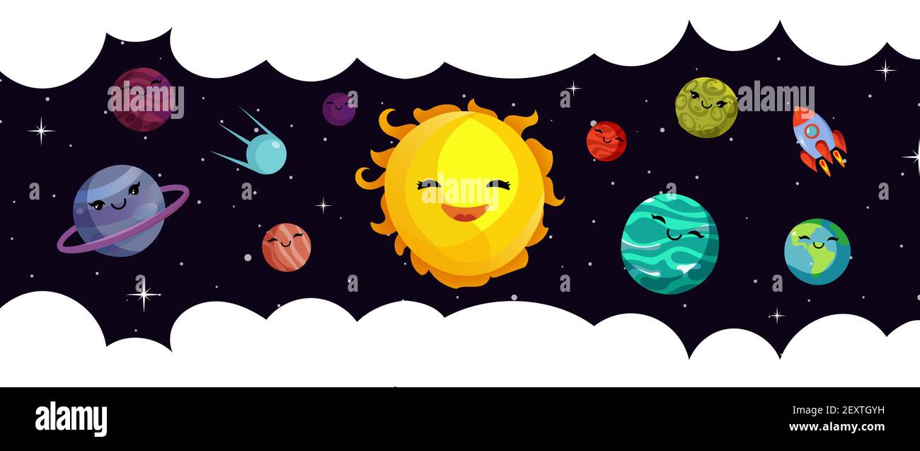 Modello banner spazio. Pianeti vettoriali cartoon, sistema solare e razzo. Universo e cielo stellato. Illustrazione pianeta e spazio cielo cartone animato Illustrazione Vettoriale