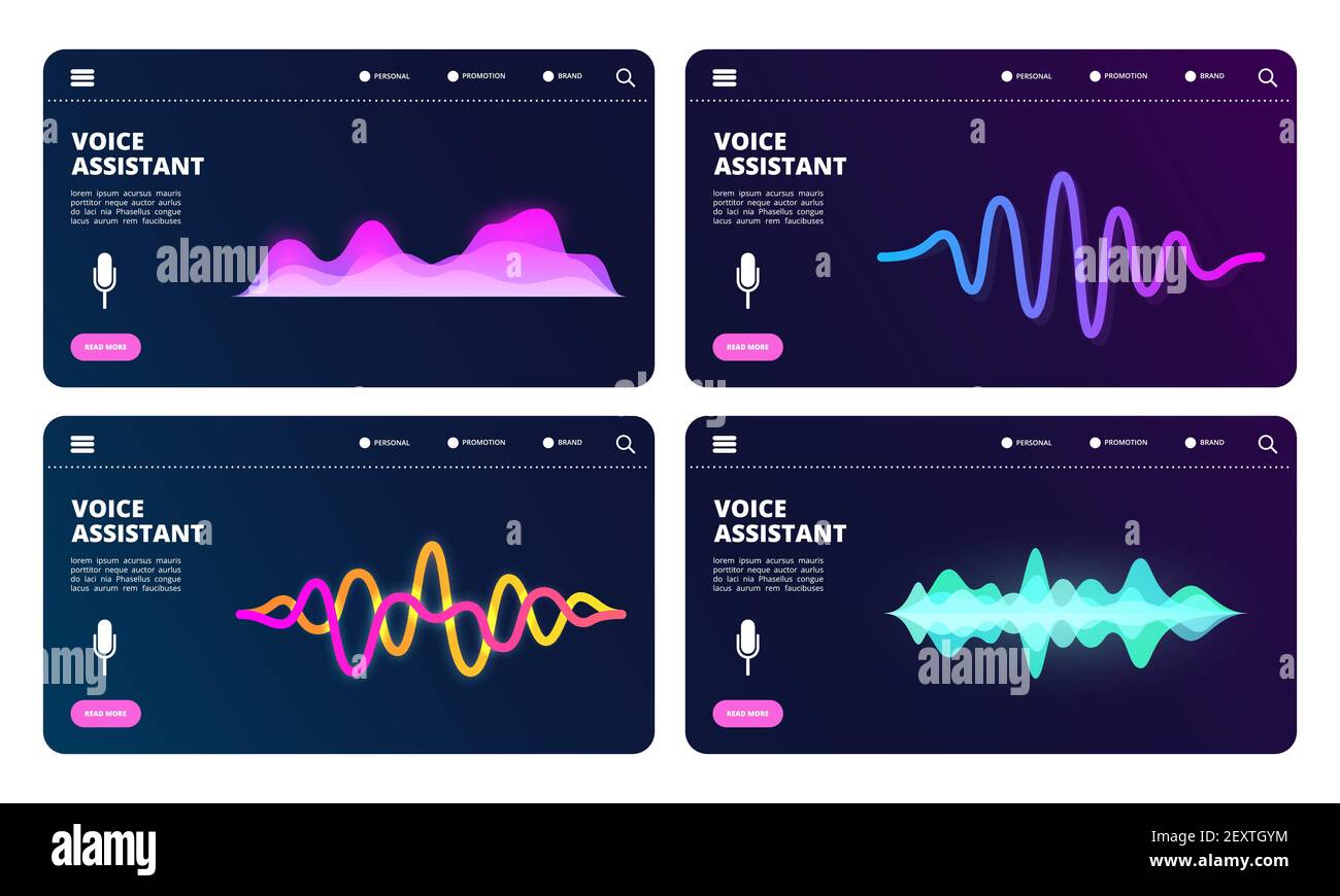 Pagina di destinazione dell'assistente audio. Banner Web di Vector Voice Personal Assistant con onde sonore. Illustrazione dell'assistente vocale, riconoscimento audio digitale Illustrazione Vettoriale