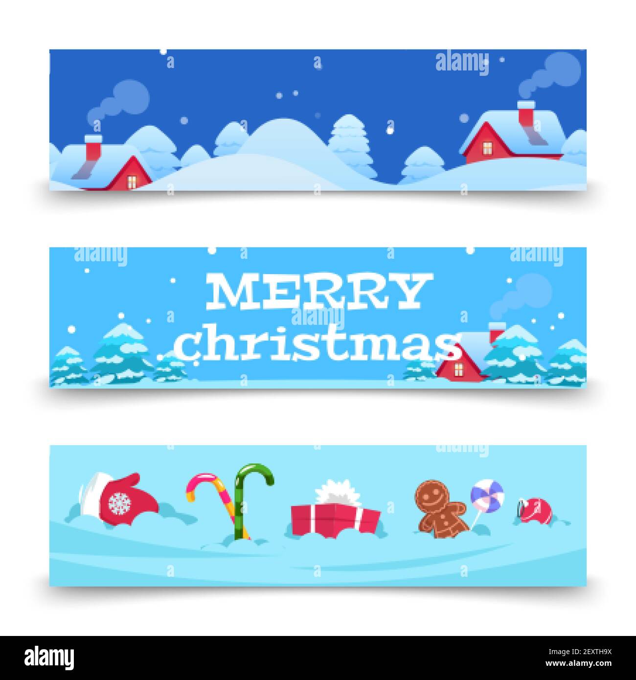 Banner di Natale. Vettore x-mas sfondo con neve, case, dolci. Cartoni animati vacanze invernali. Natale casa inverno, Natale neve stagione illustrazione Illustrazione Vettoriale