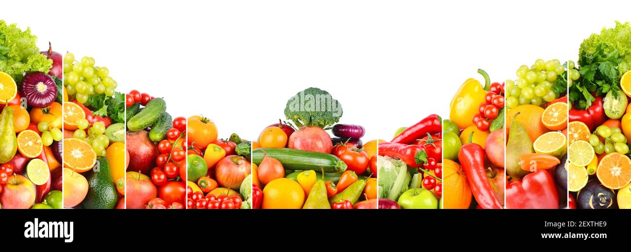 Foto panoramica di frutta e verdura diverse isolate su bianco sfondo Foto Stock