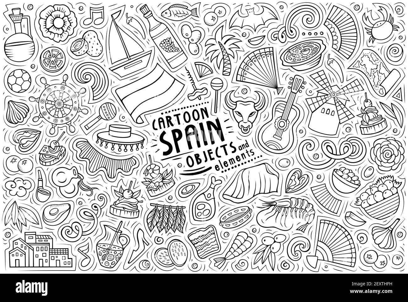 Line art vettoriale doodle disegnate a mano cartoon set di oggetti, oggetti e simboli del tema spagnolo Illustrazione Vettoriale