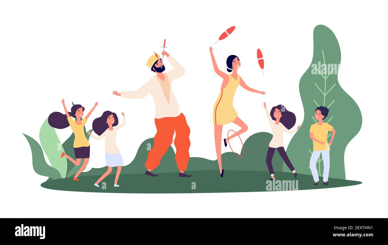 Artisti di strada. Bambini e artisti circensi. Ragazze felici ragazzi, spade-swallower e personaggi giocolieri. Illustrazione vettoriale Street show. Divertimento performer, divertimento carnevale, spettacolo di gioco Illustrazione Vettoriale
