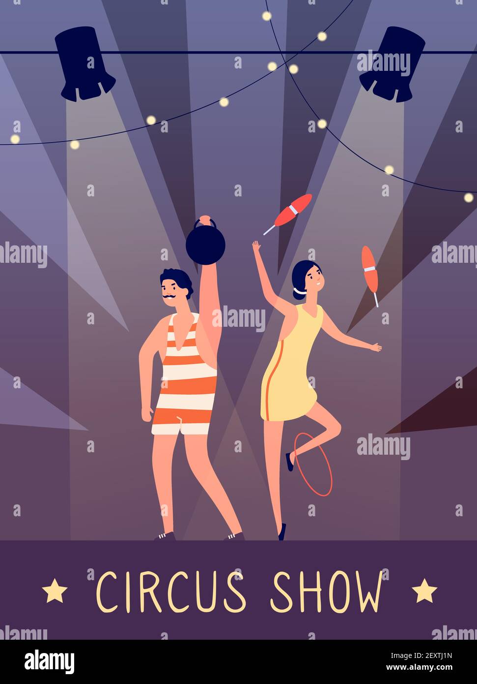 Circus mostra sfondo. Uomo forte e giocoliere nei riflettori sul poster retrò di scena. Vintage bambini festa di compleanno vettore volantino. Mostra di illustrazione con poster artisti circensi Illustrazione Vettoriale