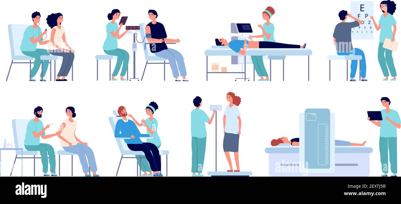 Controllo medico. Medico che controlla il paziente, gli occhi e la salute fisica. Procedure di pre-funzionamento dell'ospedale. Set di vettori di controllo femmina maschio. Medico, illustrazione diagnostica del paziente Illustrazione Vettoriale Controllo medico. Medico che controlla il paziente, gli occhi e la salute fisica. Procedure di pre-funzionamento dell'ospedale. Set di vettori di controllo femmina maschio. Medico, illustrazione diagnostica del paziente Illustrazione Vettoriale