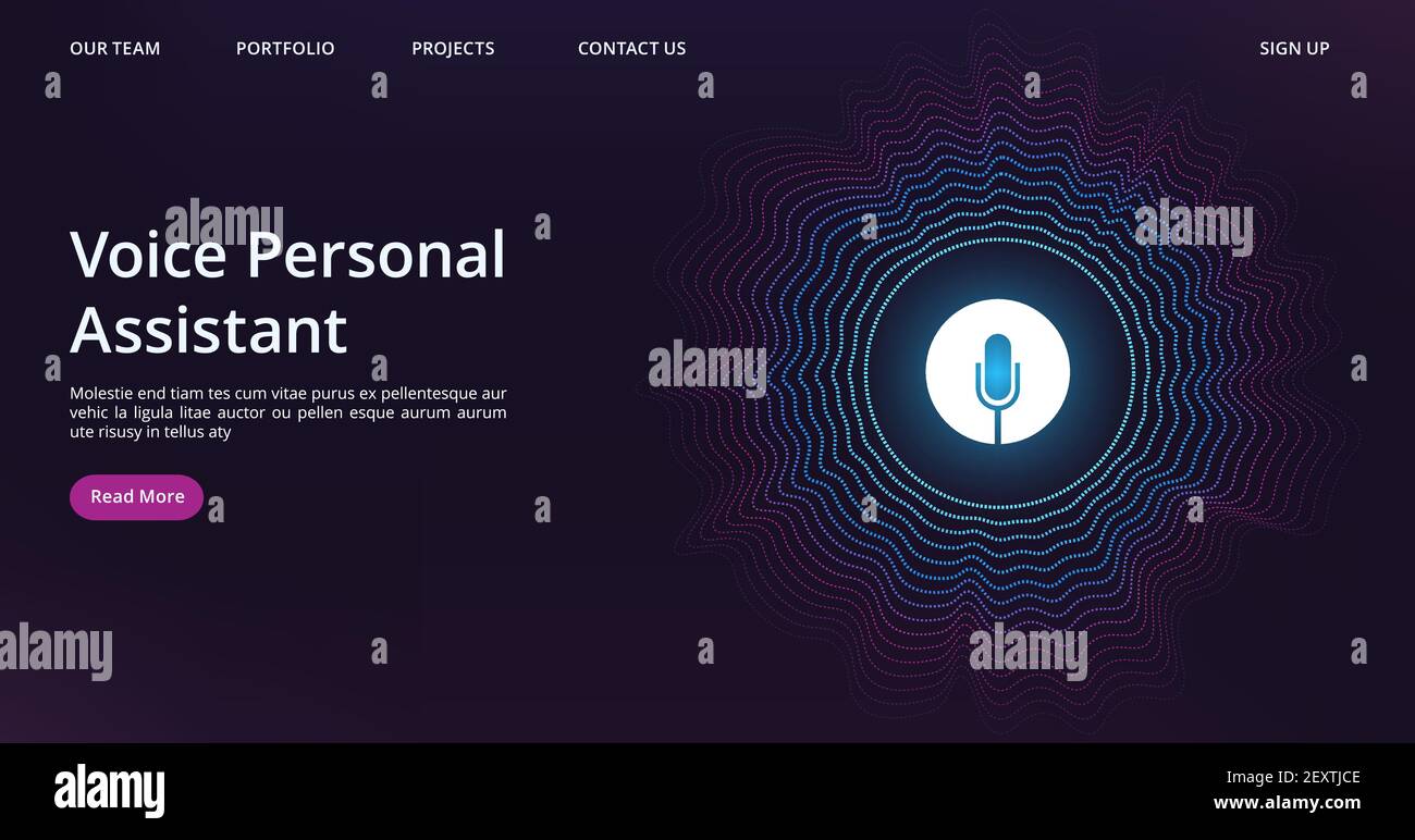 Atterraggio con assistente vocale. Modello di pagina Web con onde sonore vettoriali e microfono. Illustrazione della tecnologia dell'assistente vocale, dell'aiuto personale del microfono Illustrazione Vettoriale