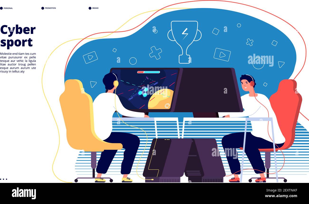 Landing page di Cyber sport. Il team dei videogamer professionisti di eSport gioca online ai computer sul concetto vettoriale dei tornei. Torneo di competizione, illustrazione campionato di cyber-gioco Illustrazione Vettoriale