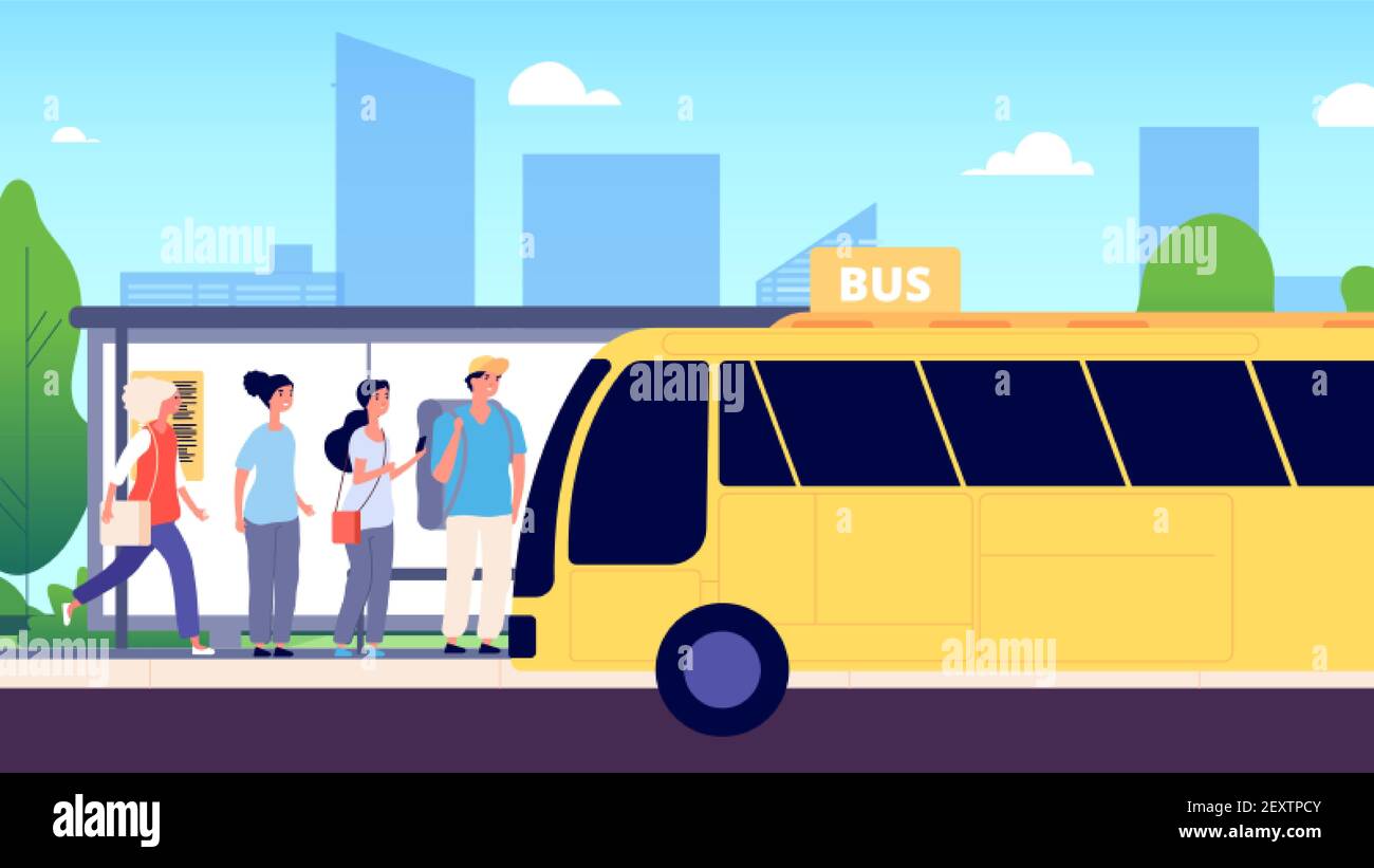 Fermata dell'autobus. Trasporto in città, persone in attesa di autobus. Strada urbana, strada, uomini e donne. Illustrazione vettoriale dei trasporti pubblici. Autobus cittadino, trasporto stradale Illustrazione Vettoriale