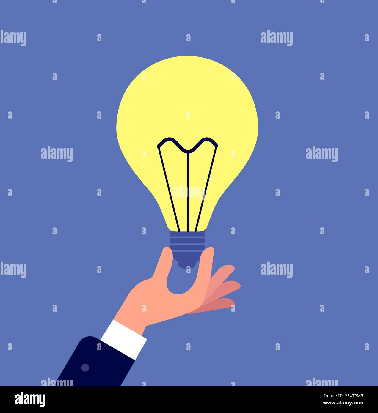 Mano con lampadina. Uomo d'affari che tiene la lampada incandescente. Idee creative brainstorming e innovazione, nuova soluzione. Concetto di piatto vettoriale. Lampadina, innovazione creativa nell'illustrazione a mano Illustrazione Vettoriale