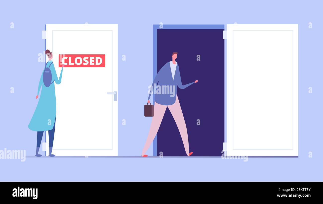 Concetto di discriminazione femminile. Discriminazione aziendale, caratteri piatti maschili e femminili. Porta chiusa e aperta, illustrazione vettore di disuguaglianza sociale. Opportunità di disuguaglianza carriera, diritti femminile Illustrazione Vettoriale