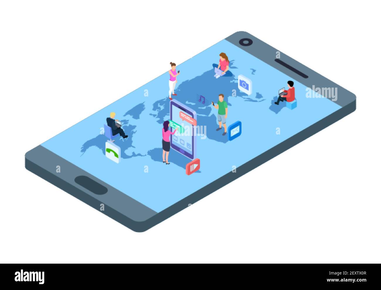 Concetto di social media. Persone isometriche con telefoni, computer portatile sulla mappa del mondo. Illustrazione del vettore di comunicazione mondiale. La rete di comunicazione mondiale, la comunità di connessione utilizzano Internet Illustrazione Vettoriale
