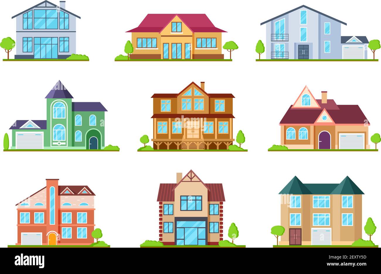 Case in appartamento. Case cottage moderne di proprietà suburbana. Progettazione di edifici per l'interfaccia app. Set vettoriale per esterni per la casa architettonica. Casa di cottage, illustrazione domestica di architettura della proprietà Illustrazione Vettoriale