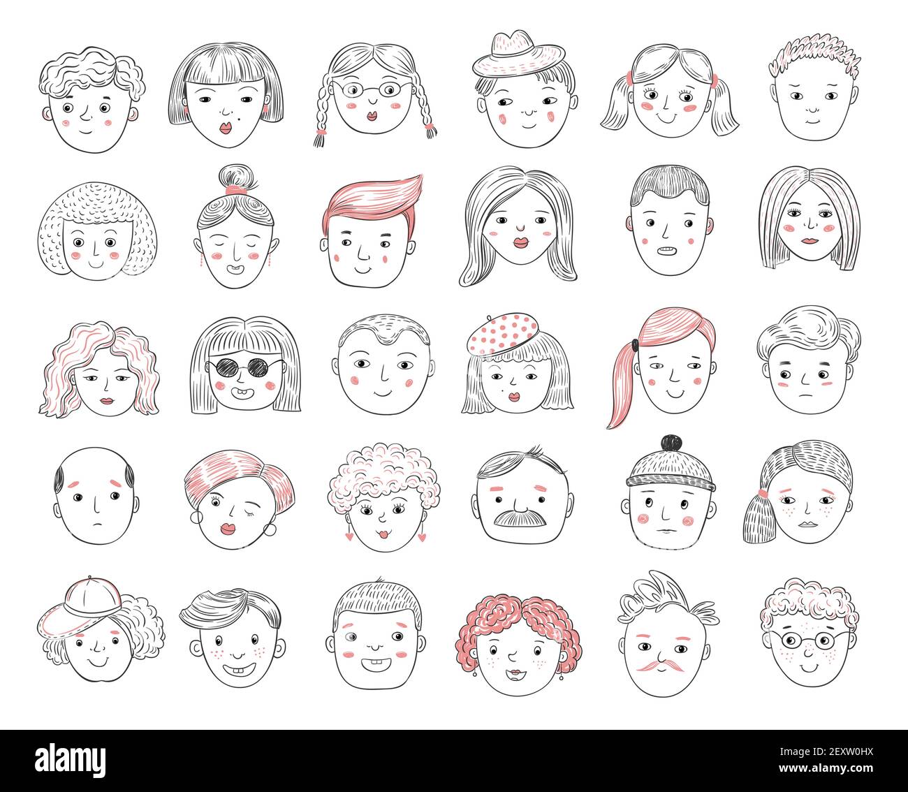 Disegnare avatar persone. Ritratti maschili e femminili, volti umani, uomini e donne profilo utente doodle icone vettoriali set. Profilo maschio e femmina, illustrazione dell'utente dello schizzo Illustrazione Vettoriale