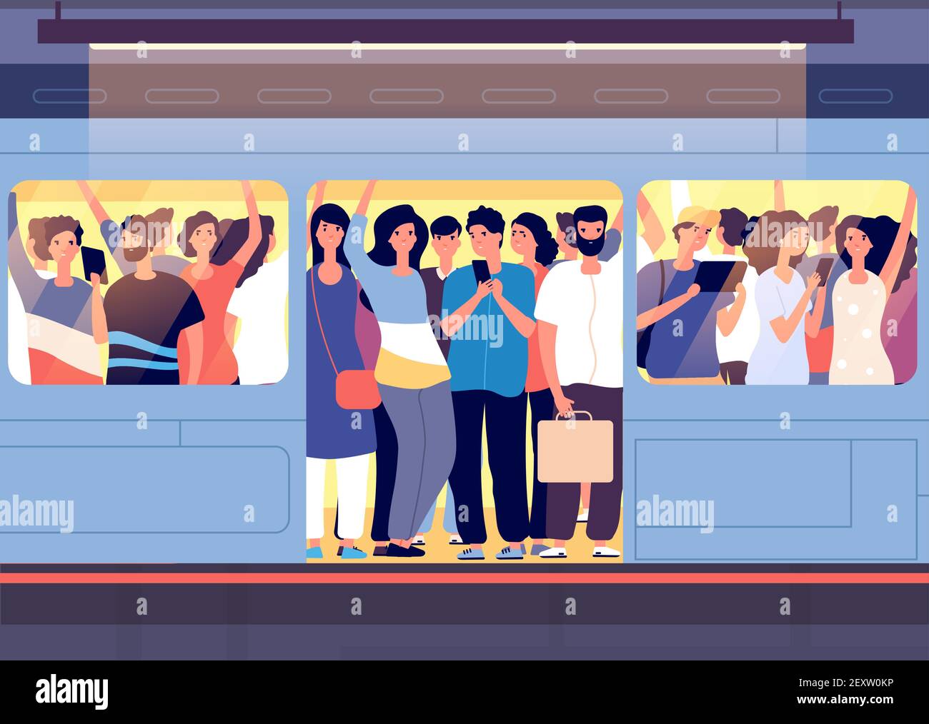 Folla in treno della metropolitana. La gente si spinge a vicenda in auto della metropolitana alla stazione all'ora di punta. Concetto di vettore problema di trasporto urbano. Folla treno pubblico, pulmino di trasporto con illustrazione della gente Illustrazione Vettoriale
