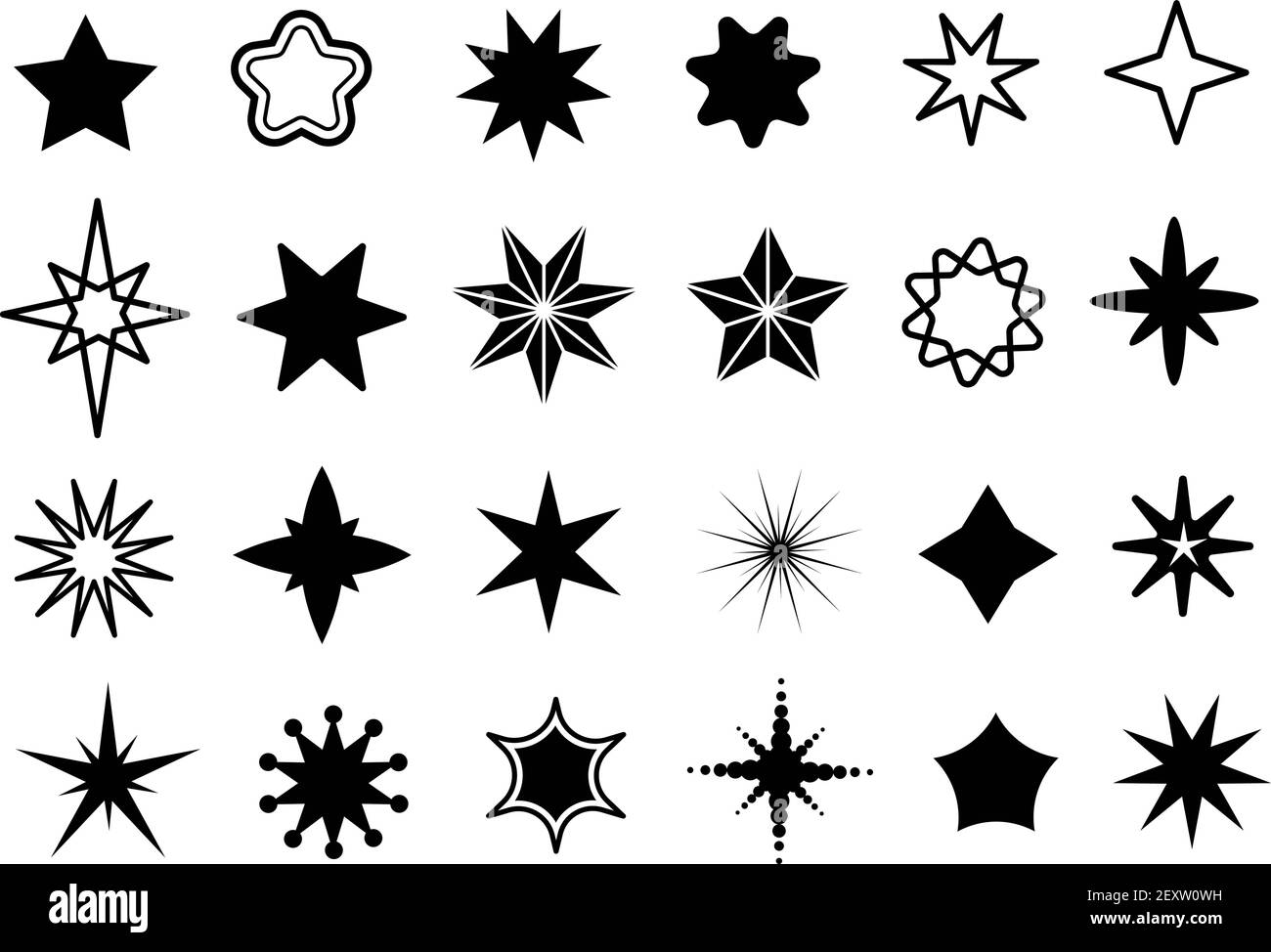 Set di forme a stella. Silhouette nere di stelle diverse, simboli geometrici scintillanti natalizi e collezione vettoriale isolata di stelle sceriffiche. Illustrazione stella scintilla, decorazione magica natale Illustrazione Vettoriale