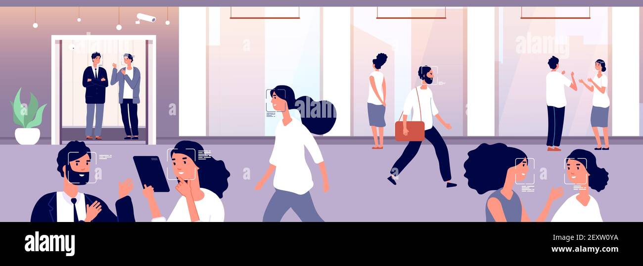 Concetto di riconoscimento facciale. Le persone in folla sono riconosciute con i moderni software di identificazione e telecamere di sorveglianza. Immagine vettoriale. Tecnologia di identificazione dei volti, illustrazione della protezione Illustrazione Vettoriale
