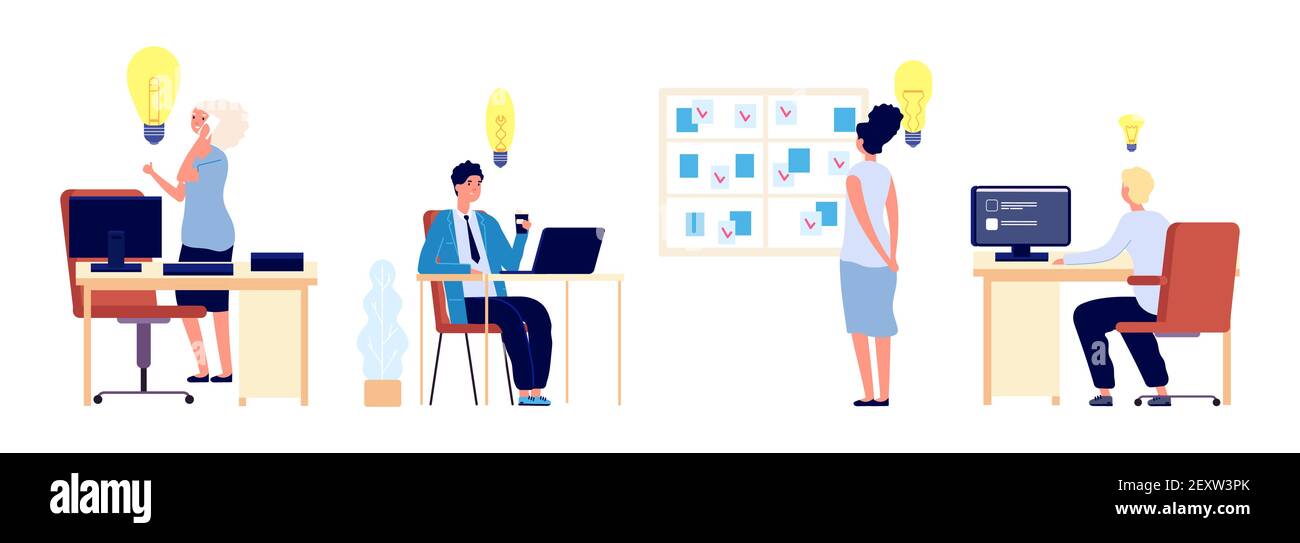 Nuove idee. Le persone d'affari hanno grandi idee. Femmina maschio piatto che pensa al processo di affari. Personaggi vettoriali sul posto di lavoro. Illustrazione uomo d'affari e donna, uomo d'affari Illustrazione Vettoriale