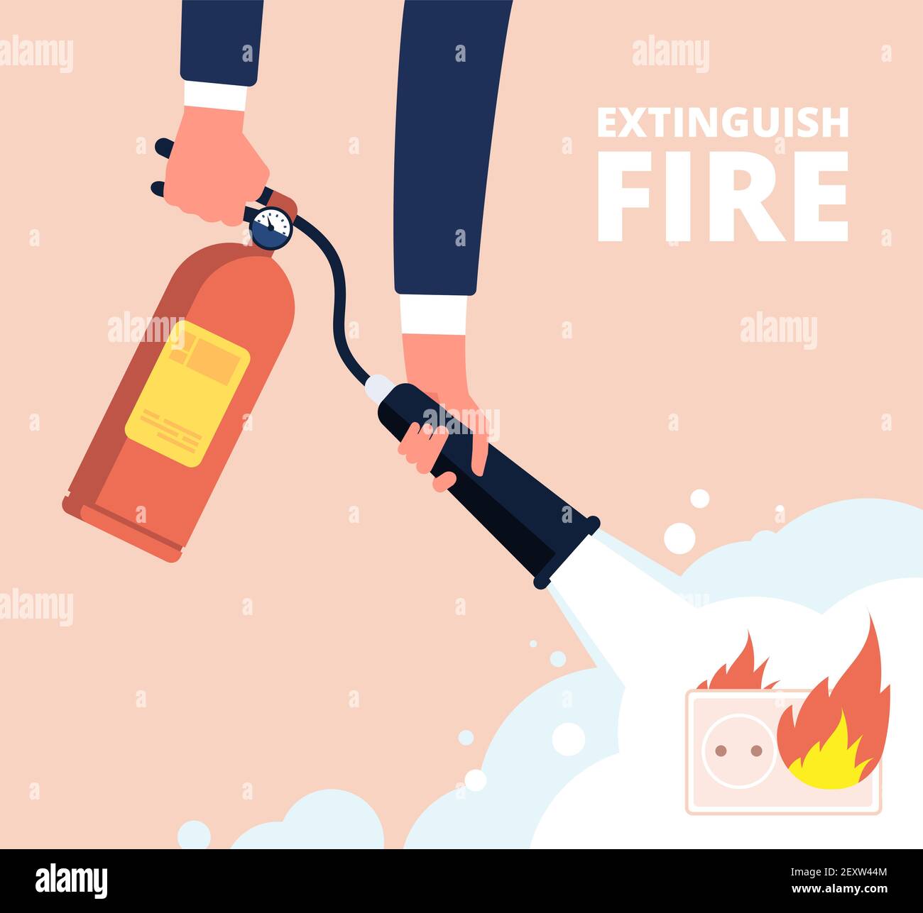 Estintore e presa elettrica. I vigili del fuoco spengono il cablaggio dell'incendio a casa, il cavo danneggiato in caso di emergenza, il concetto di vettore di sovraccarico elettrico. Illustrazione di incendio ed elettricità, estintore e sicurezza Illustrazione Vettoriale