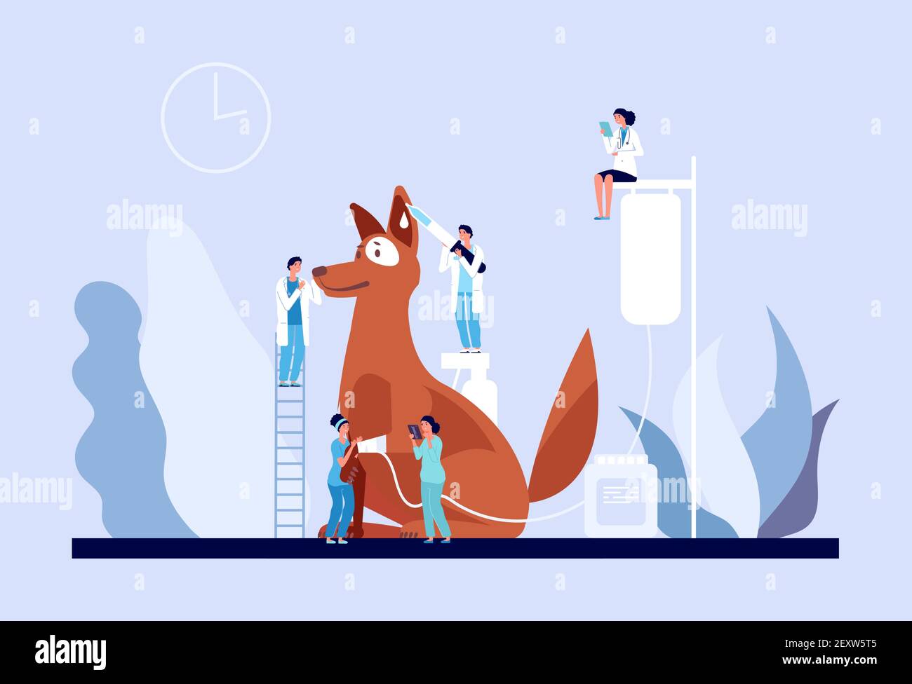 Concetto veterinario. Clinica veterinaria, piccoli medici cura cucciolo. Servizi di Vet per animali domestici, assistenza medica per l'illustrazione del vettore del cane. Visita del cane veterinario veterinario esame specialista Illustrazione Vettoriale