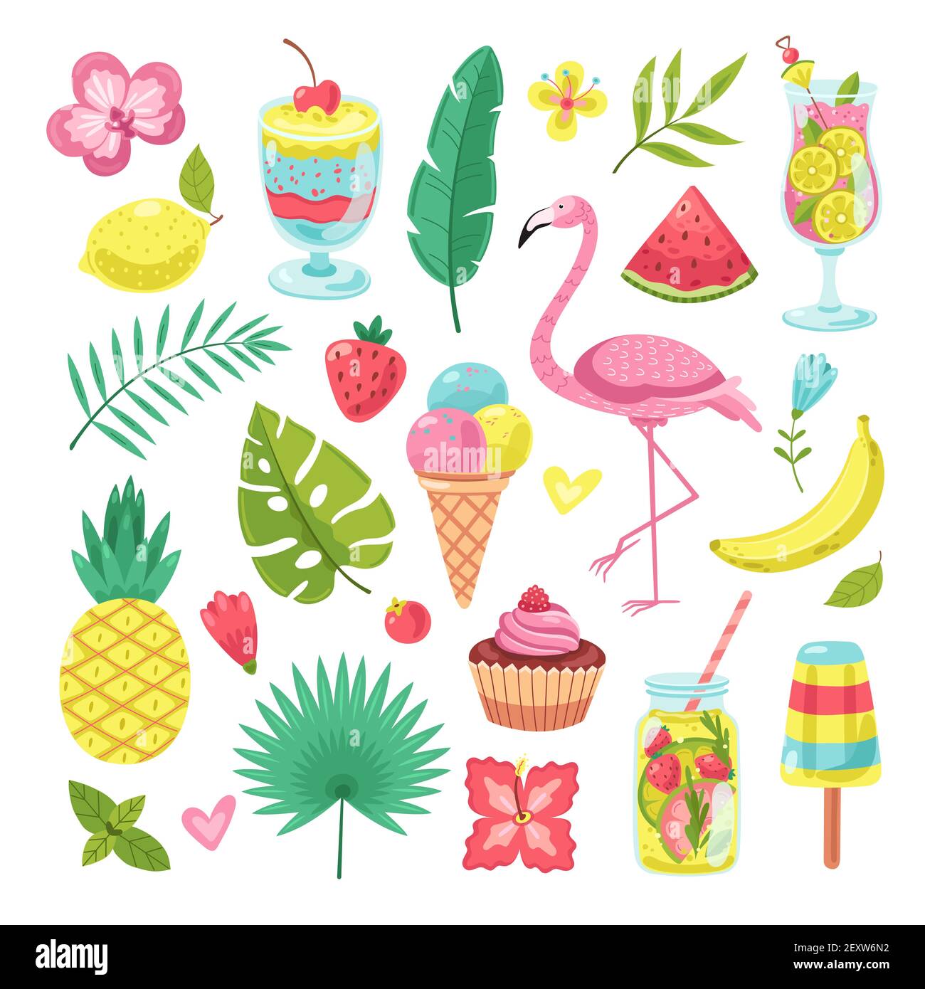 Elementi estivi. Tropical vacanza stand foto. Flamingo, gelato e ananas, foglie e cocktail, fiori e frullati insieme vettoriale. Illustrazione ananas e fenicottero, cocktail tropicale Illustrazione Vettoriale